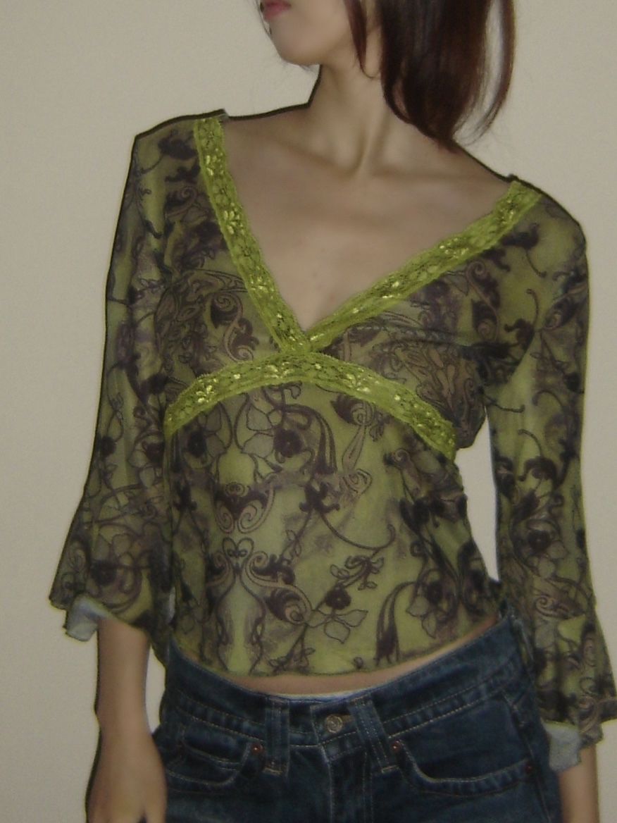Lace Green Chiffon Low-Cut V-Neck Waist-Defining Sheer Top - Sexy Y2K Style for Trendy Hot Girls