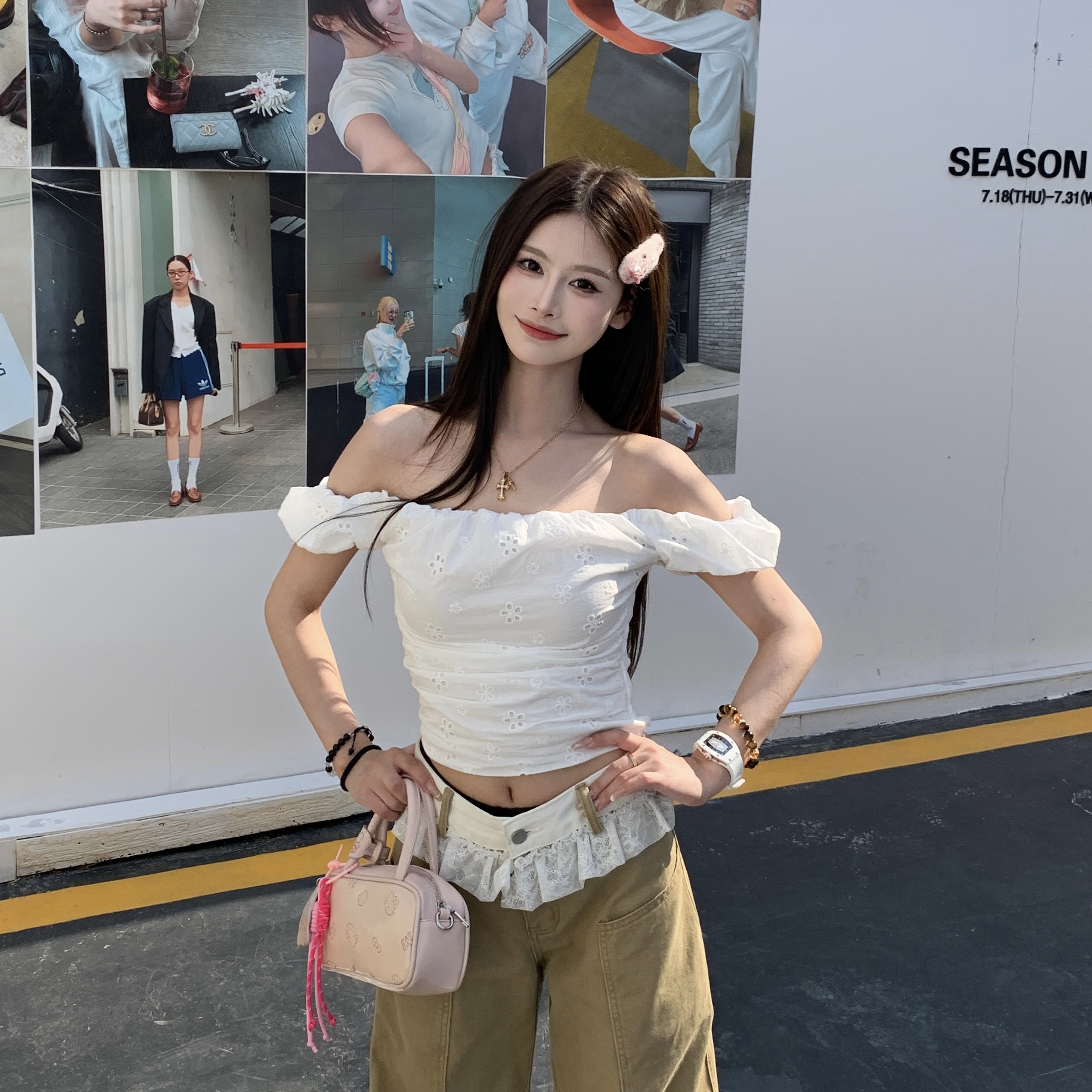 Lace One-Shoulder Floral Bud T-Shirt for Women - Elegant Slim Fit Spring 2025 Top, Y2K Style, Trendy Floral Design