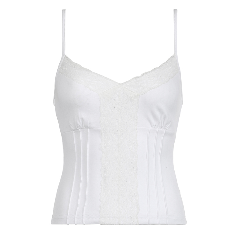 Lace Patchwork Waist-Cinching Bustier Tank Top for Women, Vintage Slim Fit, Solid Color, Short Spaghetti Straps, Palace Elements