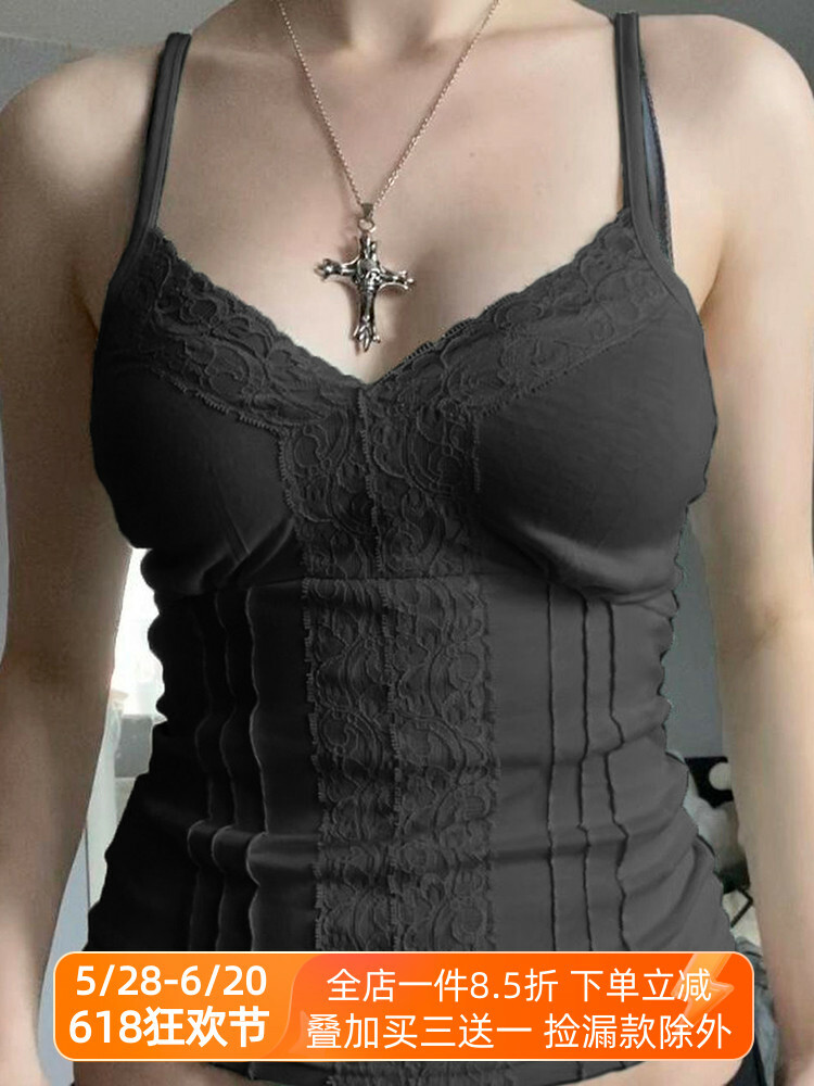 Lace Patchwork Waist-Cinching Bustier Tank Top for Women, Vintage Slim Fit, Solid Color, Short Spaghetti Straps, Palace Elements