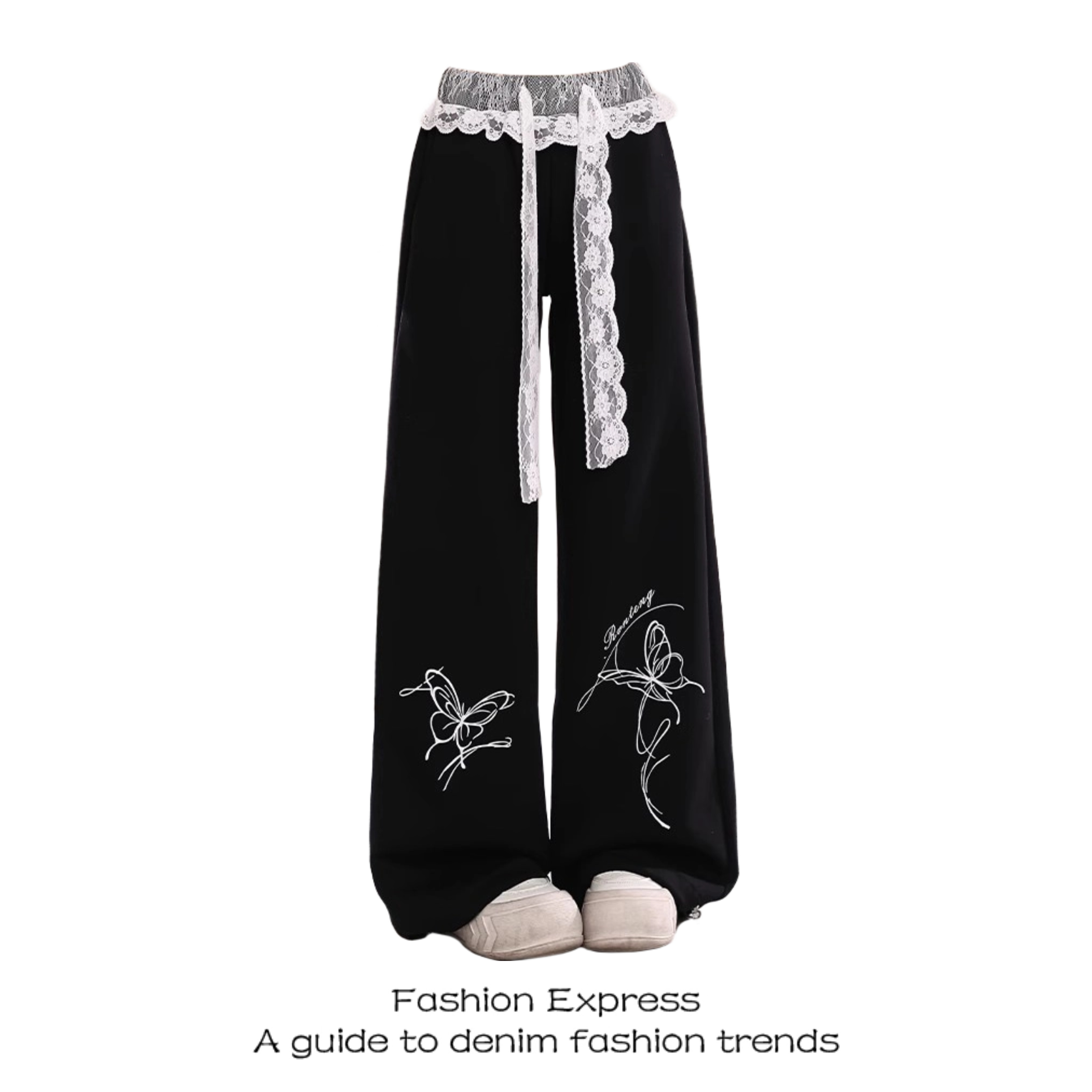Lace Spliced Black Pants for Women - Summer Casual Loose BF Style, 2025 Trendy Butterfly Design, Y2K Inspired Sweatpants
