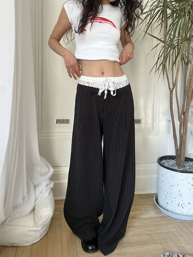 Lace Spliced Low Waist Loose Slimming Striped Wide Leg Pants for Women - Casual 2025 Fashion Trend