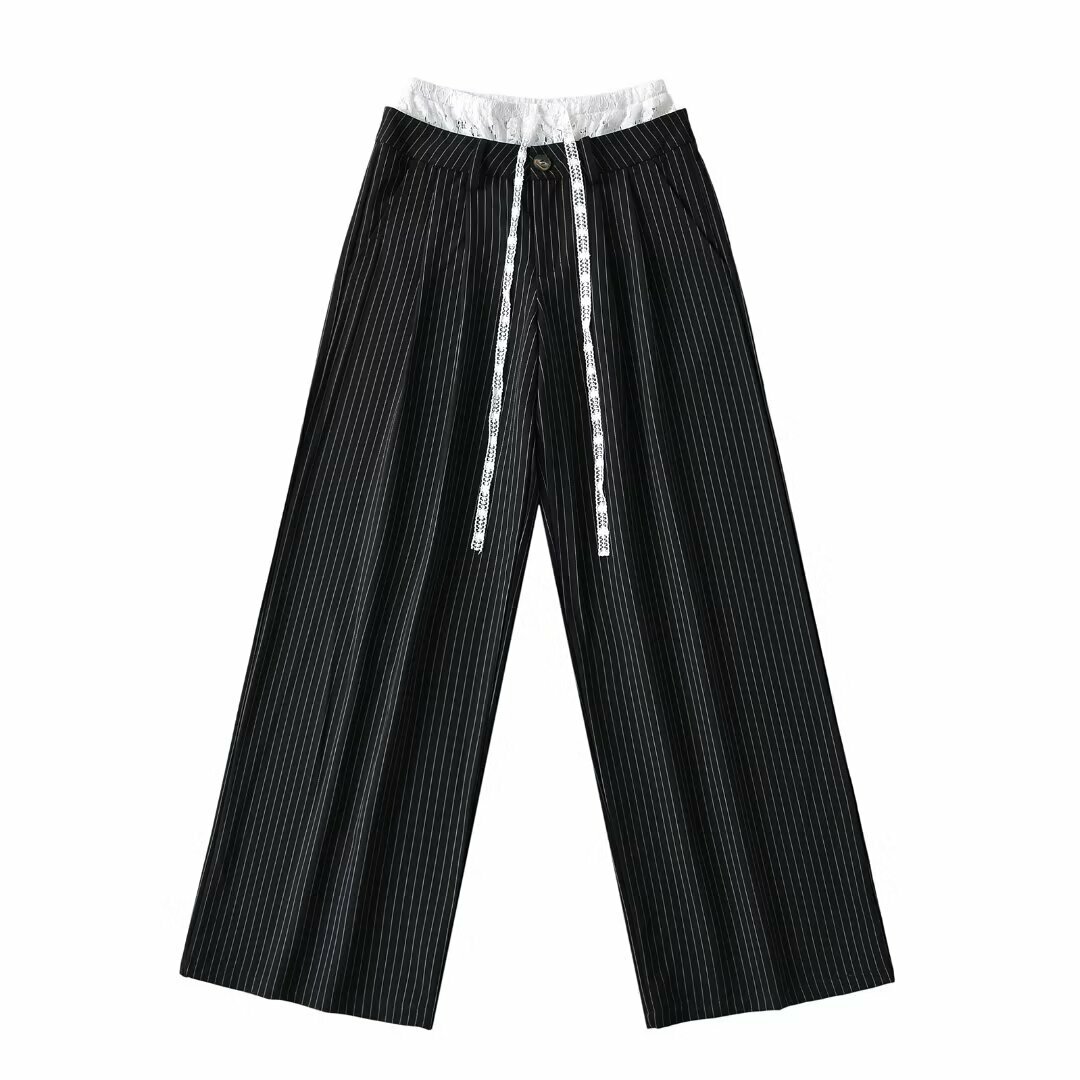 Lace Spliced Low Waist Loose Slimming Striped Wide Leg Pants for Women - Casual 2025 Fashion Trend