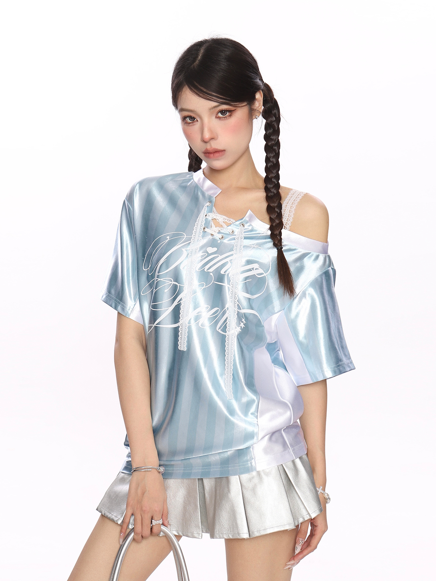 Lace Spliced Striped Asymmetrical Shoulder Sleeveless T-Shirt for Women - Summer Slim Fit Sporty Top, Trendy Y2K Style