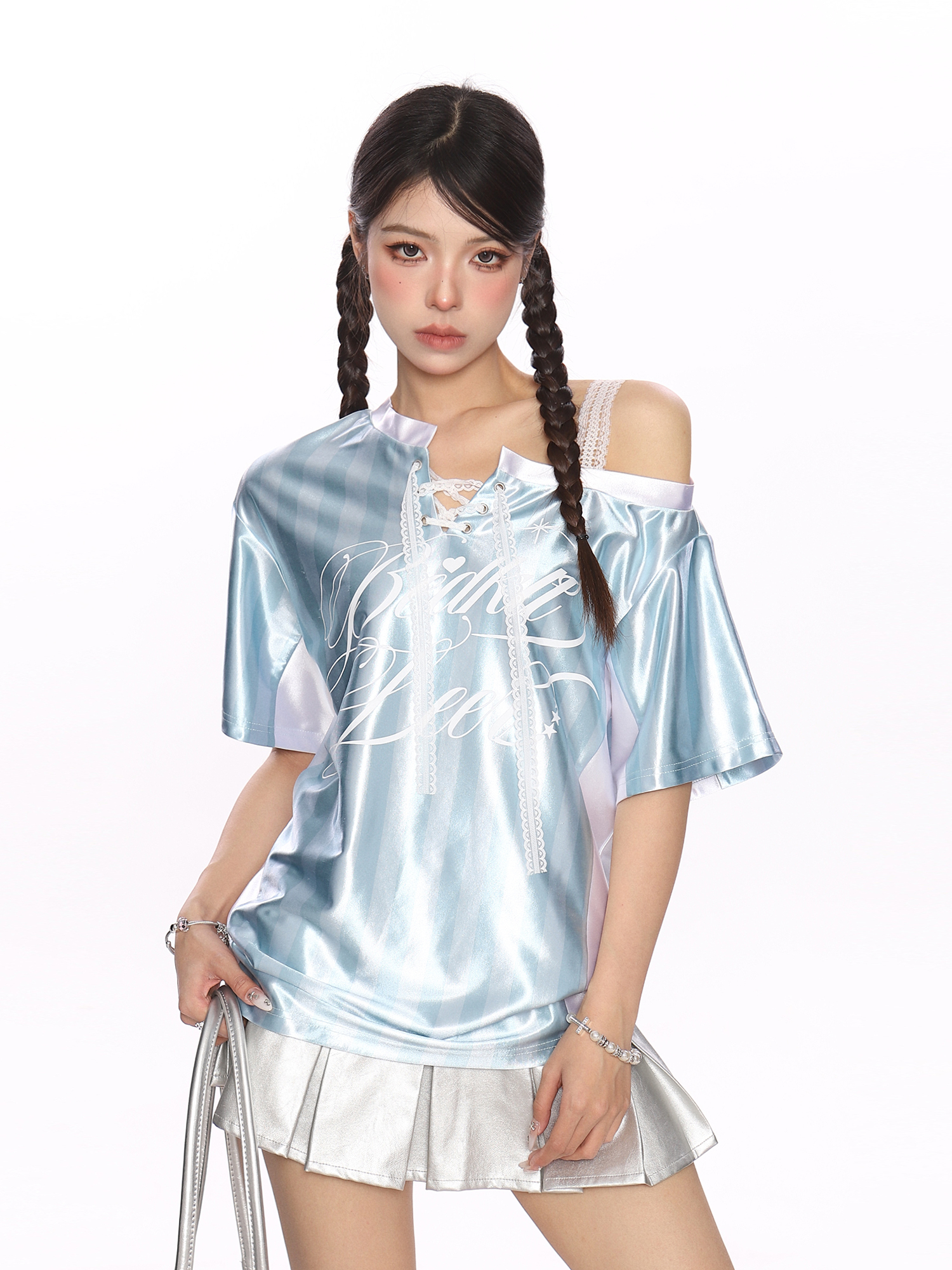 Lace Spliced Striped Asymmetrical Shoulder Sleeveless T-Shirt for Women - Summer Slim Fit Sporty Top, Trendy Y2K Style