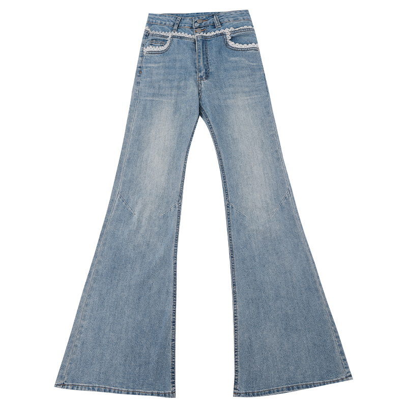 Lace Trim Flared Jeans for Women - High Waist Slimming Design, Romantic Century Style for Spring and Summer Fashion