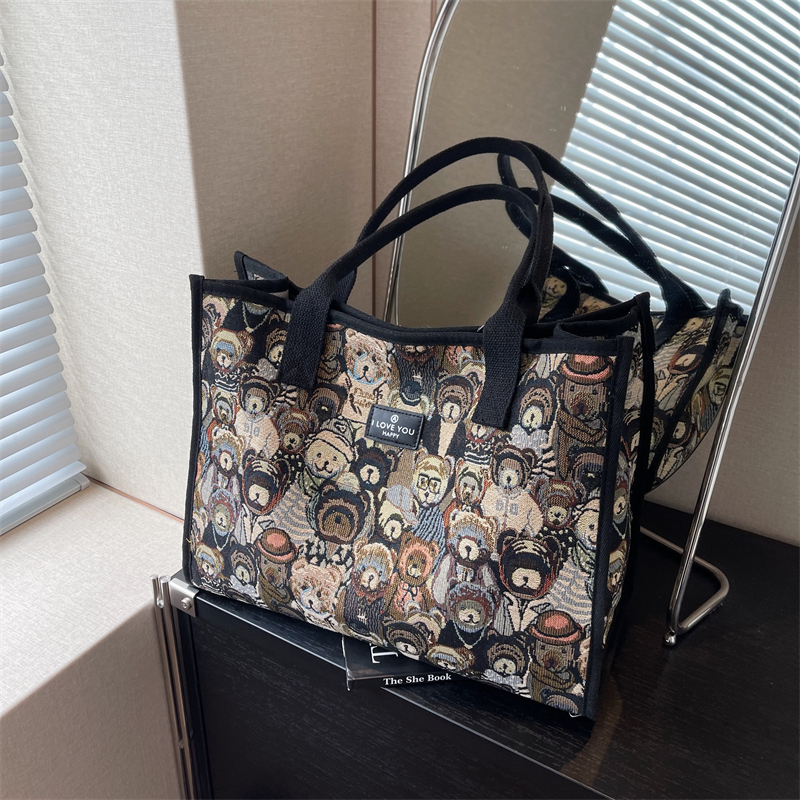 Large Capacity Cartoon Bear Canvas Tote Bag for Women - Stylish Commuting and Shopping Shoulder Bag for Short Trips