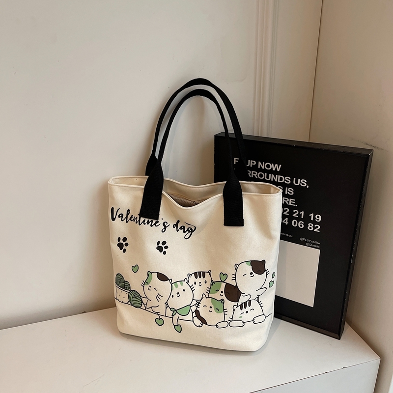 Large Capacity Cartoon Cat Canvas Tote Bag for Women, Versatile Student Shoulder Bag, Ideal Commuter Bag