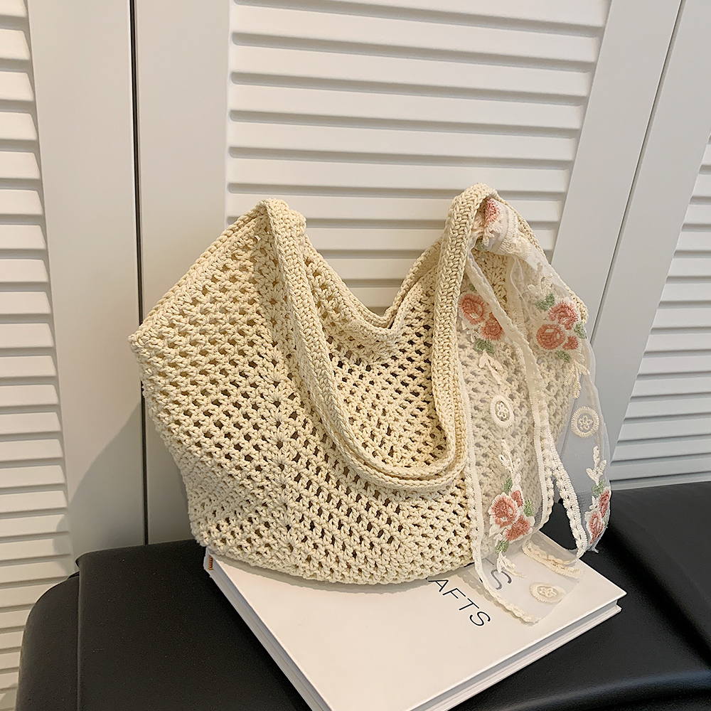 Large Capacity Cotton Yarn Hollow Woven Underarm Bag for Women - Stylish Beach Vacation Shoulder Tote