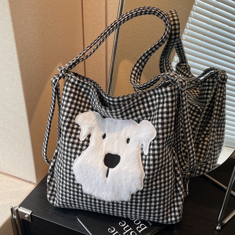 Large Capacity Dog Checkered Canvas Crossbody Tote Bag for Women - Stylish Commuter Backpack 2025 New Trend