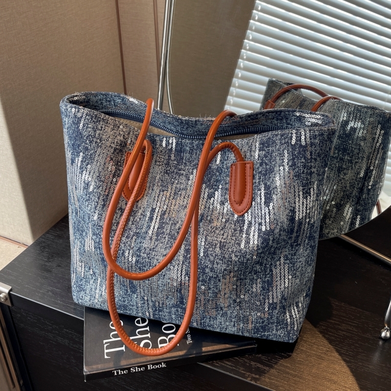 Large Capacity Sequin Denim Tote Bag for Women - Stylish Shoulder Bag for Spring 2025, Perfect for Commuting and Daily Use