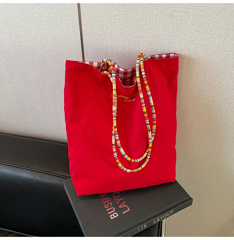 Large Capacity Spring Plaid Canvas Tote Bag for Women - Double-Sided Commuting Shoulder Bag, Ideal Student Classroom Accessory