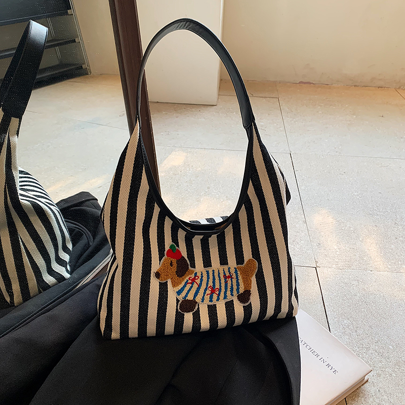 Large Capacity Striped Canvas Shopping Bag for Women - Stylish Shoulder Tote for Students and Commuters - 2025 Trend