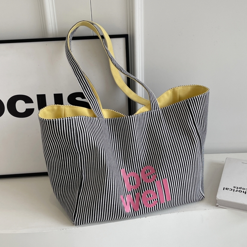 Large Capacity Striped Canvas Tote Bag for Women - Double-Sided Summer Shopping Bag for Commuting and Short Trips