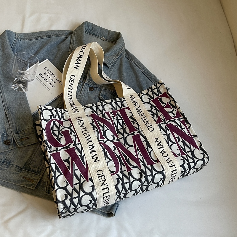 Large Capacity Women's Canvas Tote Bag - Stylish Letter Print Shoulder Bag for Shopping, Commuting, and Outings 2025