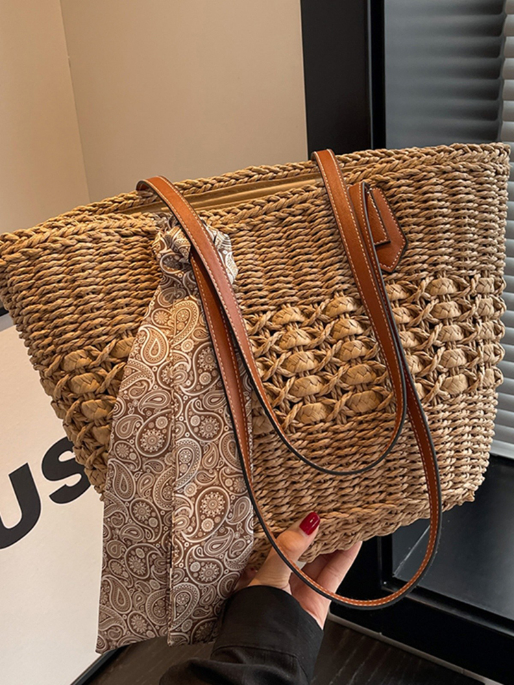 Large Capacity Woven Straw Shoulder Tote Bag for Women - Trendy Autumn 2025 Versatile Beach Vacation Handbag