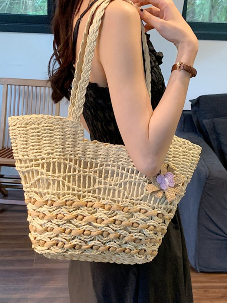 Large Capacity Woven Straw Tote Bag for Women - 2025 Autumn Rural Style Beach Travel Shoulder Bag