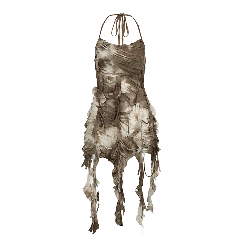 Layered Backless Halter Neck Bodycon Skirt with Tassel Straps for Women - Edgy Desolate Zone Design