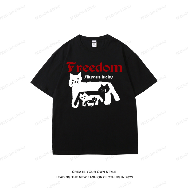 Layered Cat Print Pure Cotton Short Sleeve T-Shirt for Men and Women - Summer Black Base Top, Casual Streetwear, Unisex Fashion