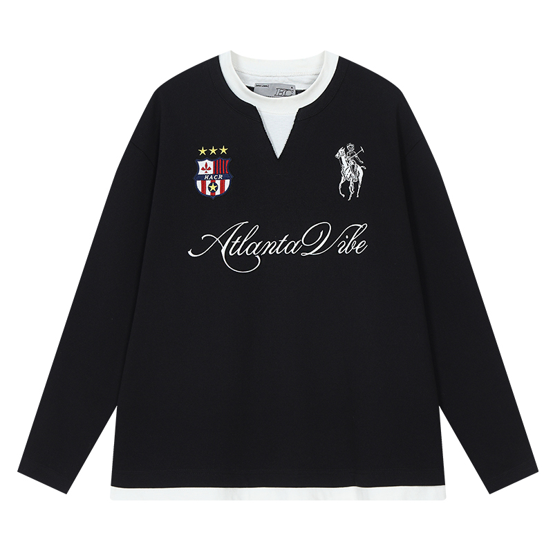 Layered Fake Two-Piece Badge Embroidered Henley Long Sleeve T-Shirt - Trendy Y2K Style for Effortless Layering