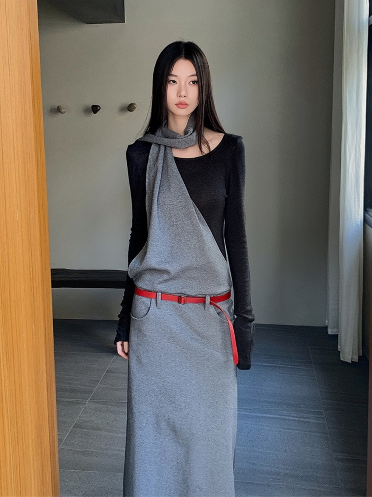 Layered Fake Two-Piece Long Sleeve Halter Dress for Women - Autumn Winter Wasteland Style, Waist-Defined, Boho Chic Fashion