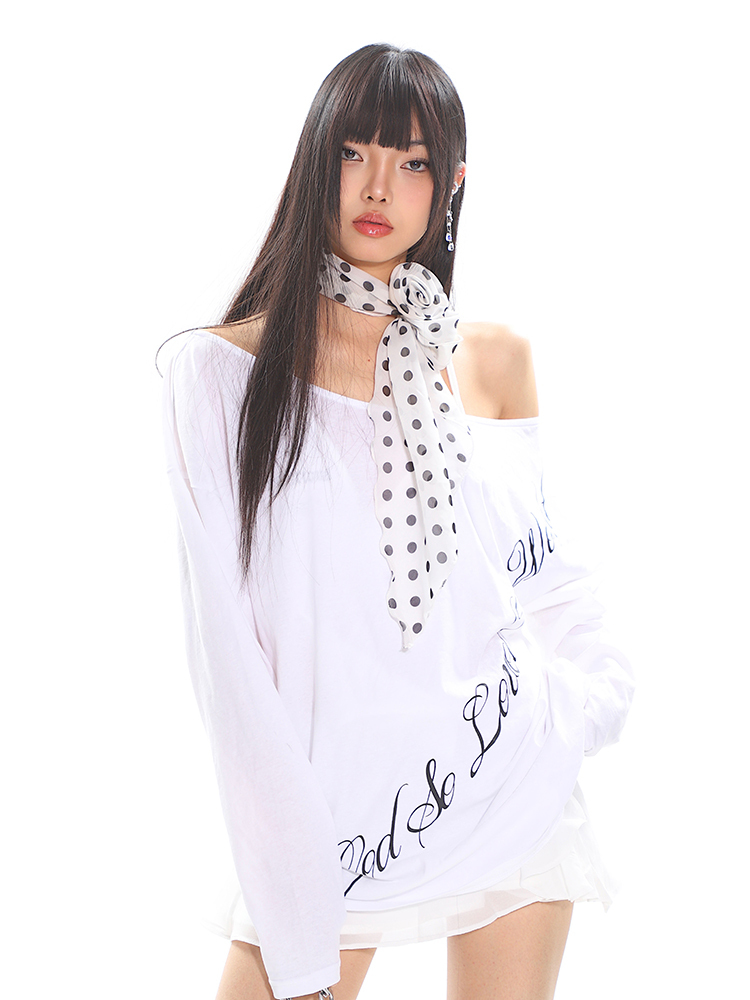 Lazy Casual Off-Shoulder T-Shirt for Women, Loose Fit Letter Design Top for Spring and Summer, Y2K Style Fashion