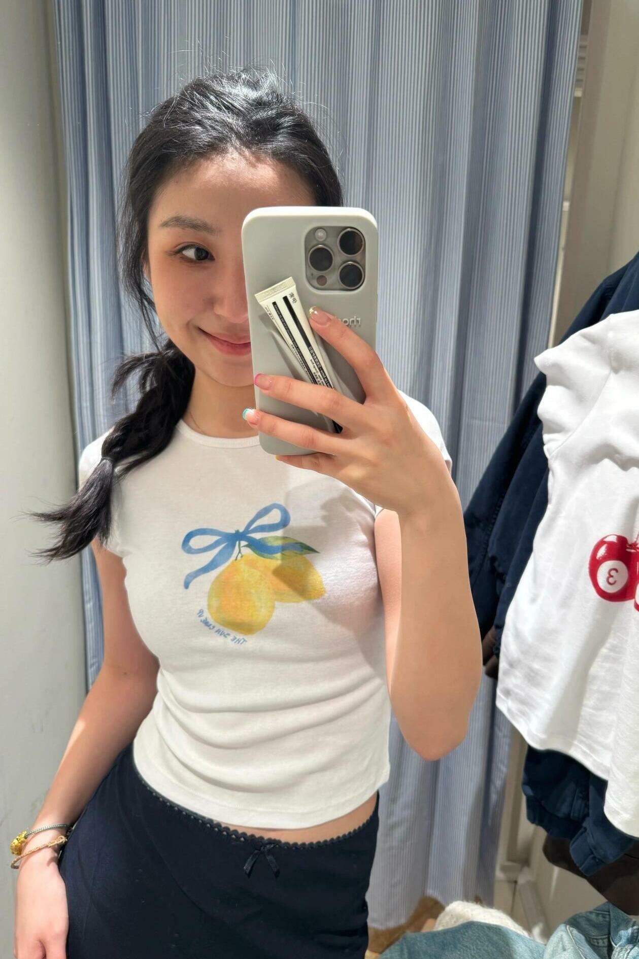 Lemon Bow Tie Printed Short Sleeve Slim Fit Cotton T-Shirt - 25SS South Korea Ins Niche Age-Reducing High-Stretch Y2K Style