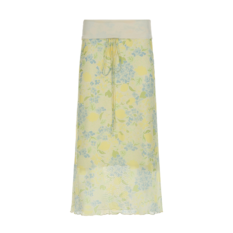 Lemon Soda Floral Mesh Bodycon Skirt for Women - Low Waist, Tied Design, Trendy Fresh Dopamine Style