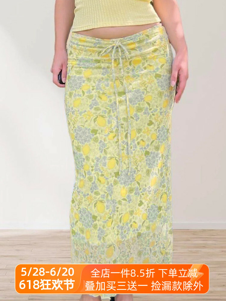 Lemon Soda Floral Mesh Bodycon Skirt for Women - Low Waist, Tied Design, Trendy Fresh Dopamine Style