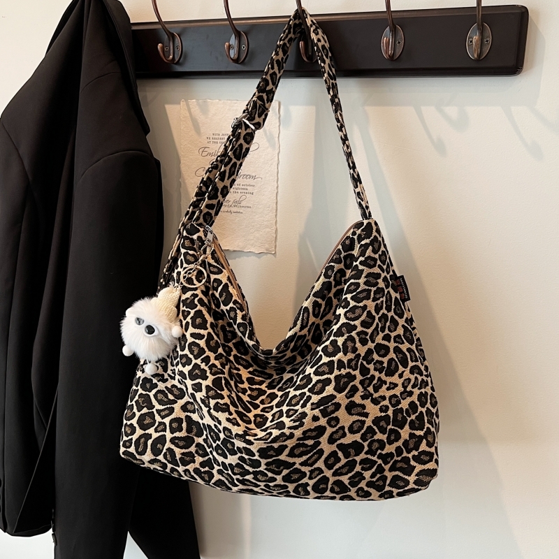 Leopard Print Canvas Crossbody Bag for Women - 2025 Korean Style, Large Capacity Tote for Class, Commuting, and Everyday Use