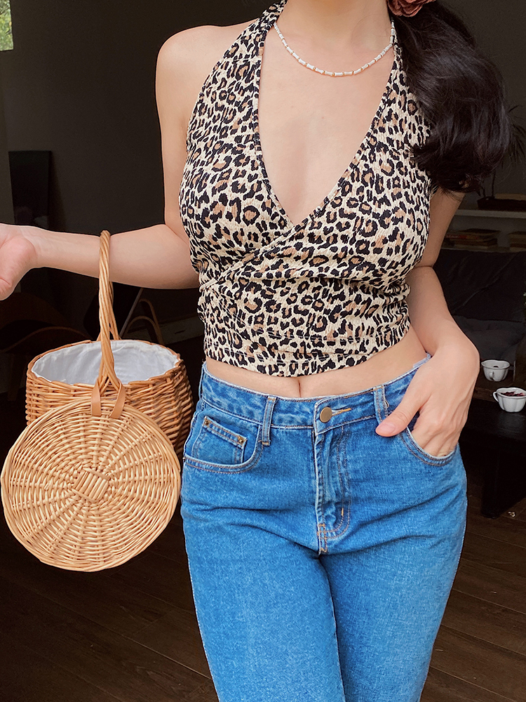 Leopard Print Halter Tie Back Vest Top for Women – Sexy V-Neck Backless Camisole, Perfect for Y2K and Summer Fashion