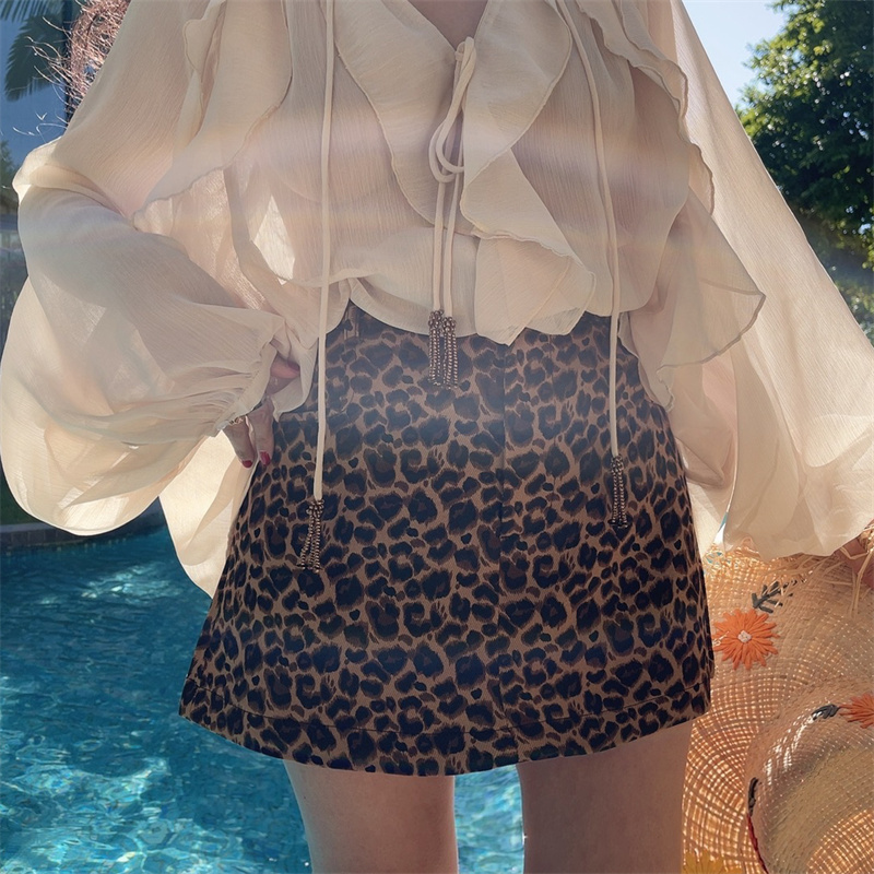 Leopard Print High Waist A-Line Mini Skirt for Women - 2025 Spring/Summer American Style Spicy Girl Fashion