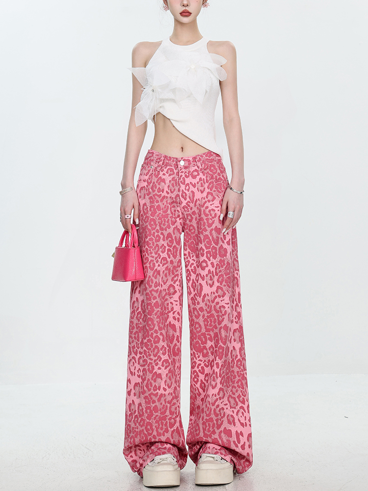 Leopard Print Wide-Leg Jeans for Women - Thin Straight Loose Summer Pants, Trendy 90s Style, Floor-Length Fashion
