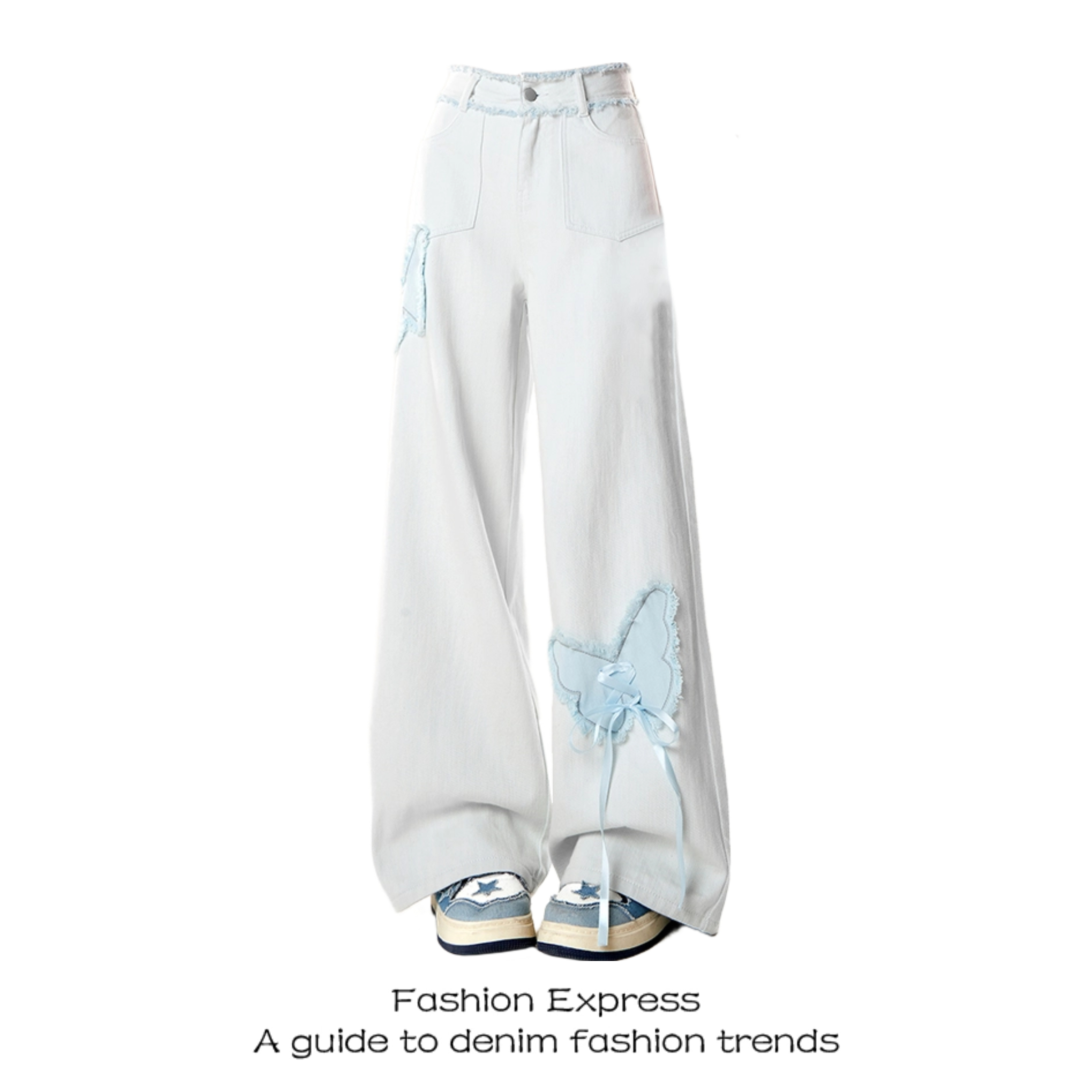 Light Blue Fringed Wide-Leg Denim Pants with Butterfly Embroidery for Women - Trendy Double Waist Design for Spring & Autumn