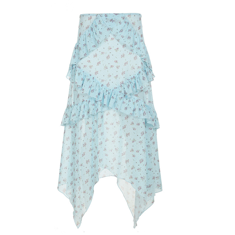 Light Blue Irregular Mesh Spliced Floral Midi Skirt for Girls - Versatile, Slimming Vacation Wear, Perfect for 90s Y2K Style