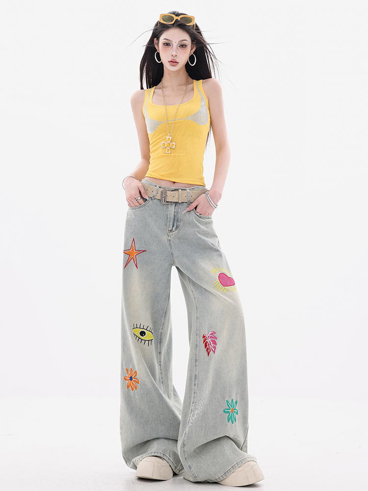 Light Blue Jacquard Embroidered Wide-Leg Jeans for Women, Loose Fit American Style Straight Pants, Trendy Casual Fashion