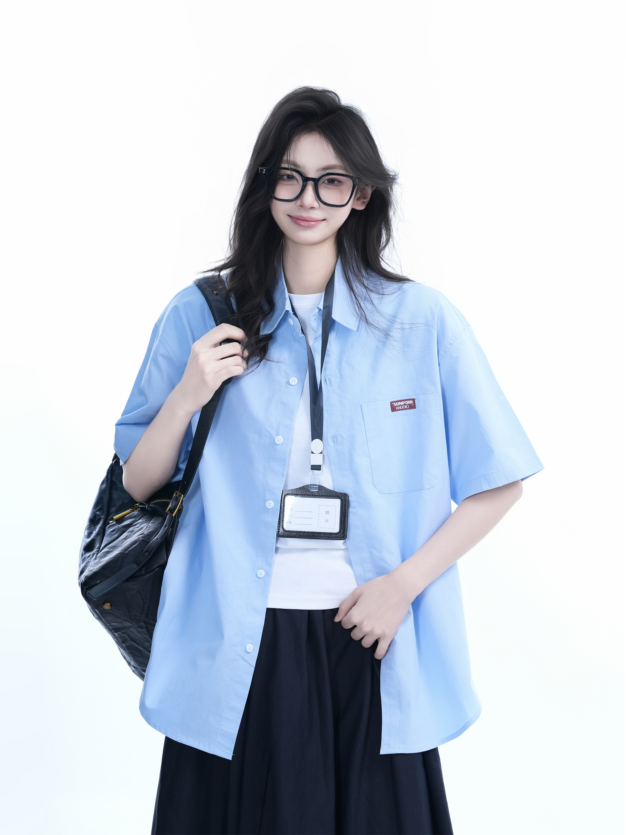 Light Blue Korean-Style Short Sleeve Shirt for Women - Summer Loose Fit Casual College Top with Quote Design