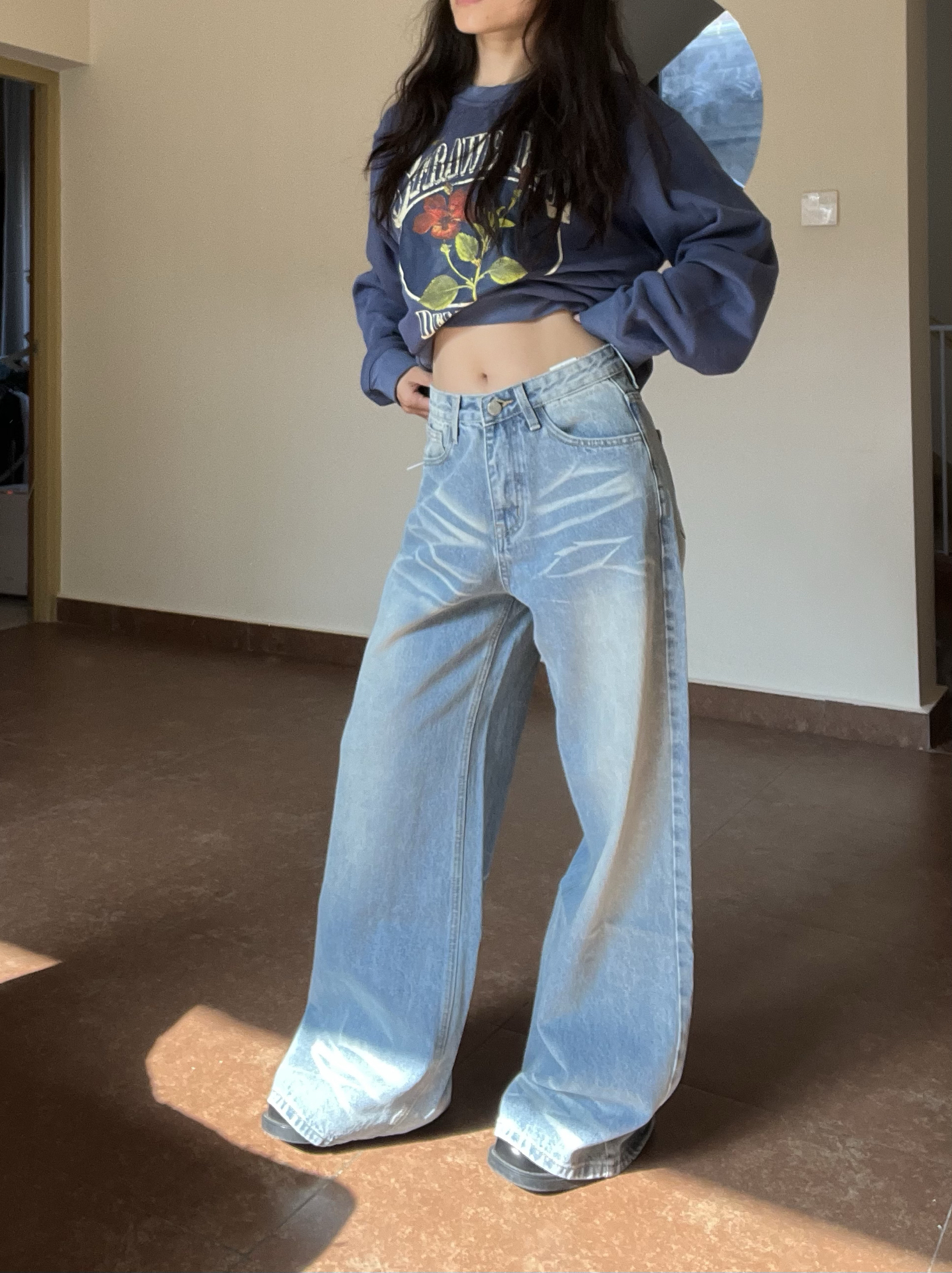 Light Blue Wide-Leg Denim Pants for Women - Vintage Textured Draped Loose Straight Style, Perfect for 90s and Y2K Fashion