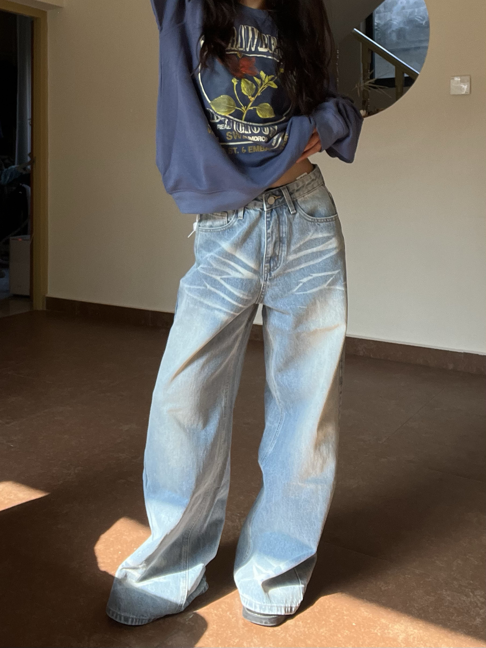Light Blue Wide-Leg Denim Pants for Women - Vintage Textured Draped Loose Straight Style, Perfect for 90s and Y2K Fashion