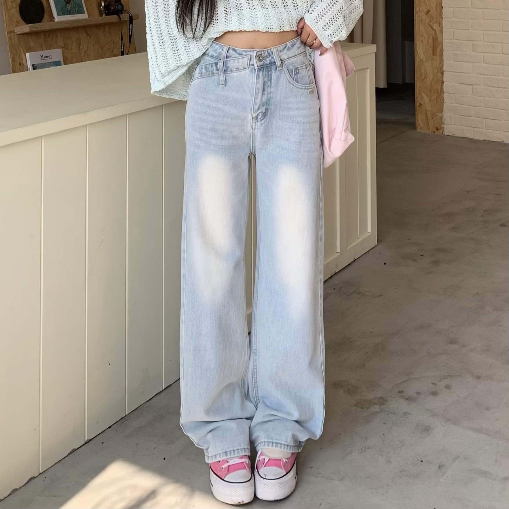 Light Color Straight Leg Jeans for Women - Summer Mid-Waist Slim Fit Wide Leg Trousers, Flowy Floor-Length Style