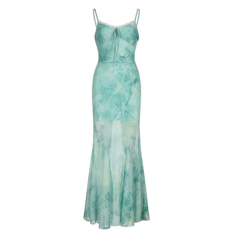 Light Green V-Neck Spaghetti Strap Mermaid Dress - Vintage Waist-Cinching Slim Fit for Spicy Girl & Mature Woman Style, Trendy Design