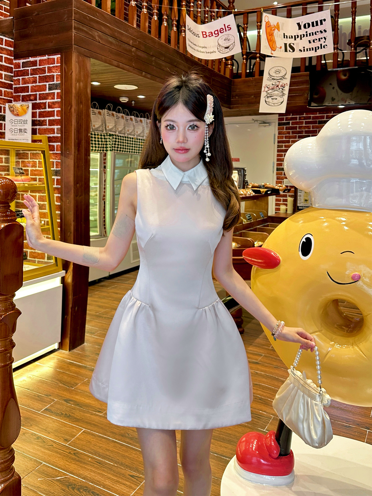 Light Pink Glossy Satin Sleeveless Shirt Dress with Waist-Cinching Design and Faux Two-Piece Skirt for Spring, Y2K Style