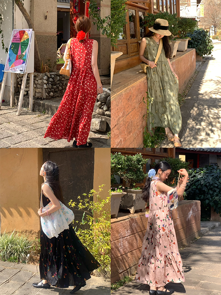 Light Spring Mountains Retro Floral Maxi Dress for Women - Loose V-Neck Sleeveless Long Dress, Perfect for Summer 90s & Y2K Style