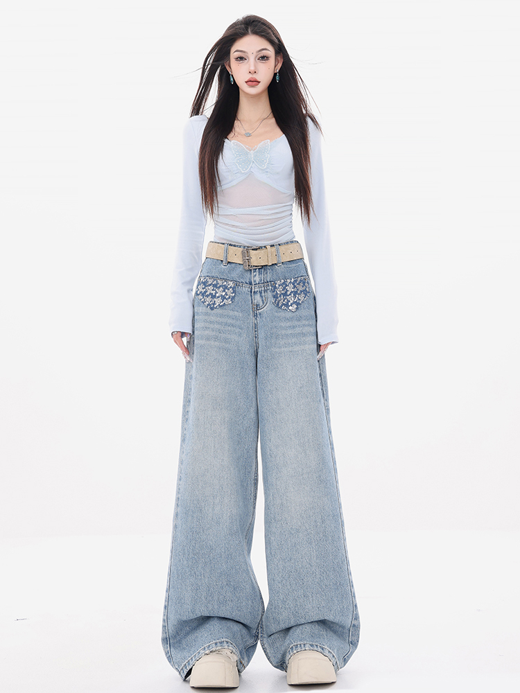 Light Spring Series Sequin Wide-Leg Loose Straight Jeans for Women - Ocean Heart 2025, Trendy Y2K Fashion
