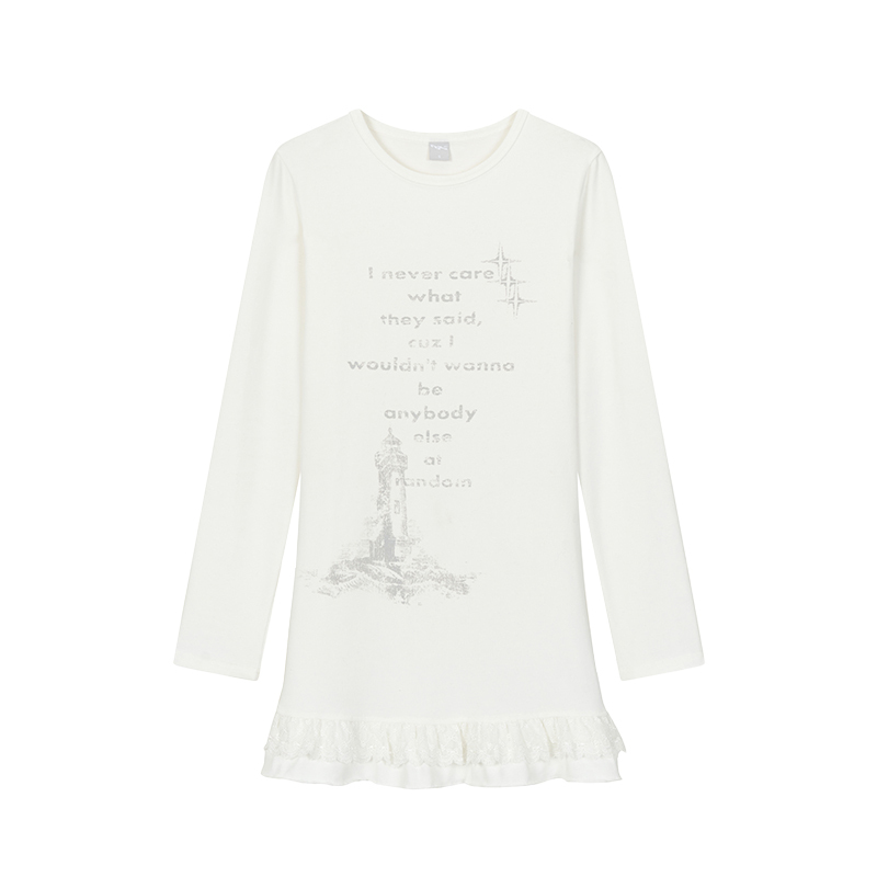 Lighthouse Print Lace Trim Long Sleeve T-Shirt Dress with Layered Inner Top for Women - Slim Fit, Casual Style