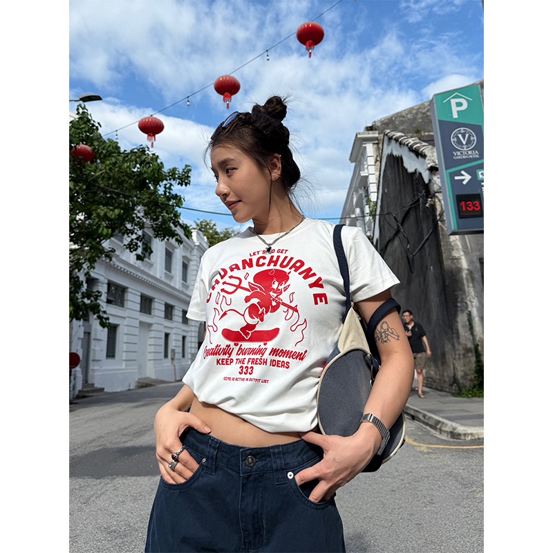 Little Devil Printed Slim Fit Short Sleeve T-Shirt for Women - Trendy Summer Top, Casual Daily Wear, Y2K Style