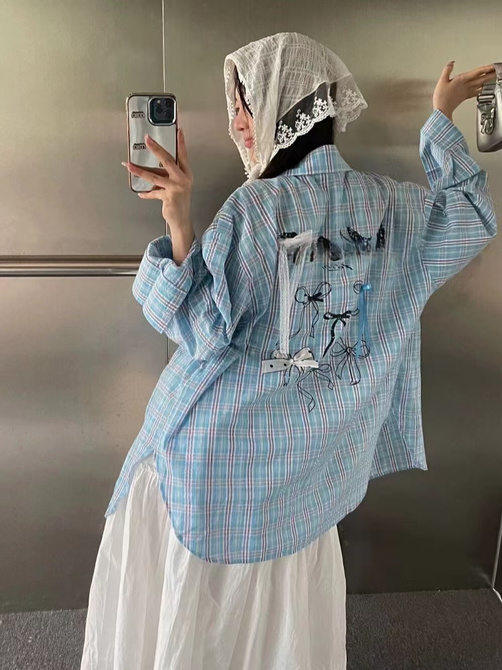 Loose 3D Bow Checkered Shirt for Women - Chinese-style American Spring Top 2025 with Sun Protection