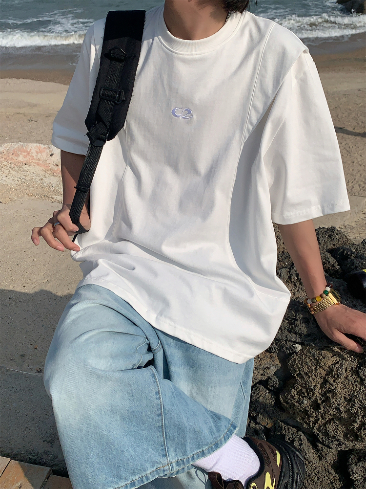 Loose American Cut Letter Embroidered Shoulder T-Shirt - Casual Short Sleeve Top for Mid-Summer Style, Cool Feel, Trendy Fashion