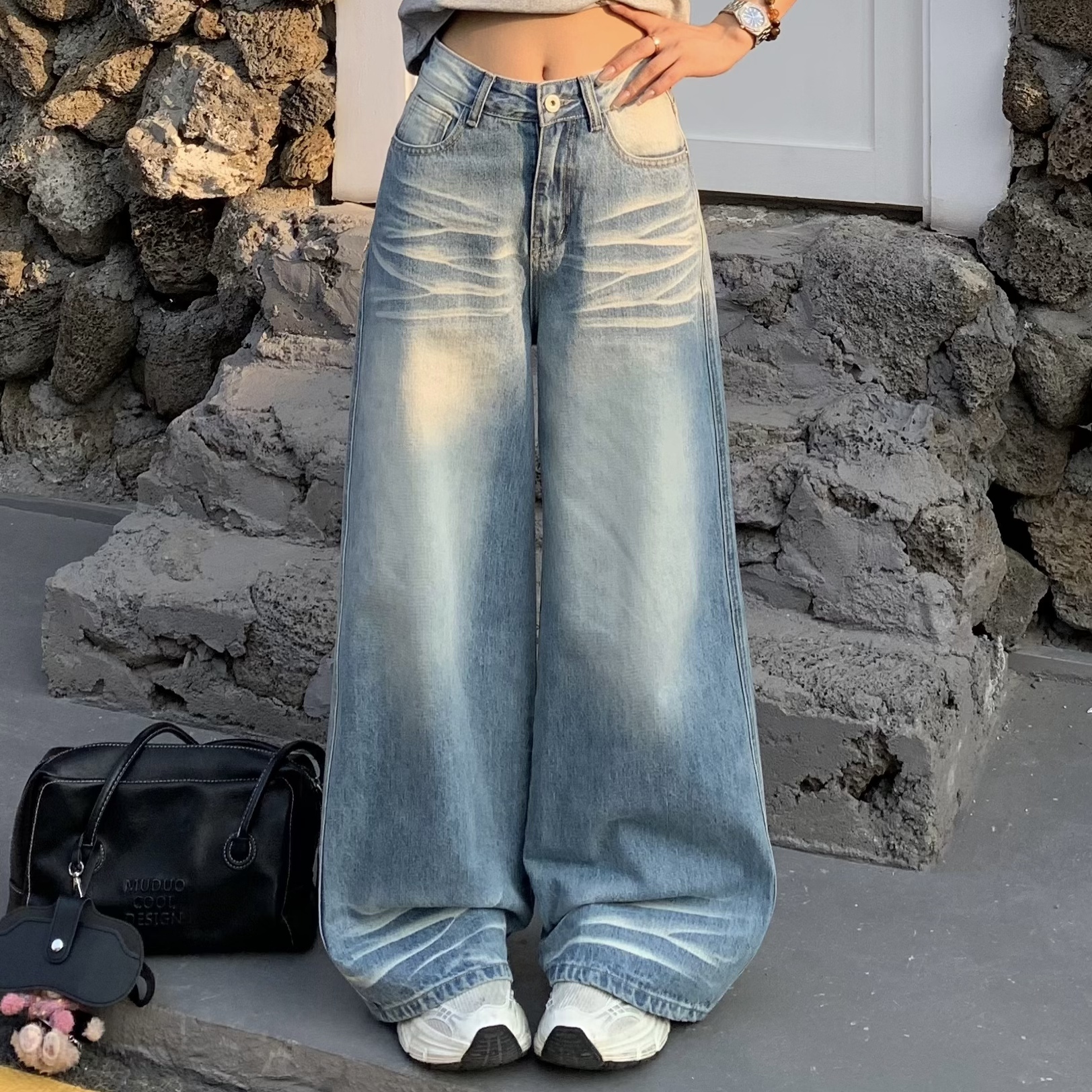 Loose Mid-Waist Straight Leg Jeans for Women – Non-Picky Slimming Wide-Leg Pants with Draped Design, Casual 90s Style