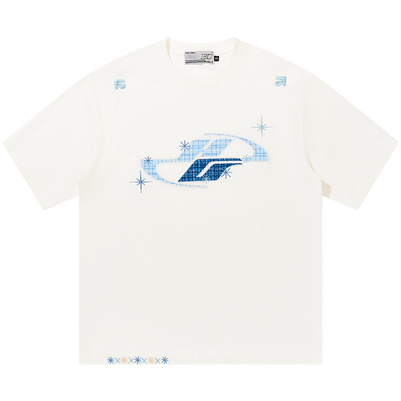 Loose Round Neck Short Sleeve T-Shirt with Patch Star Embroidery in Little Chanel Style for Men and Women, Y2K Fashion